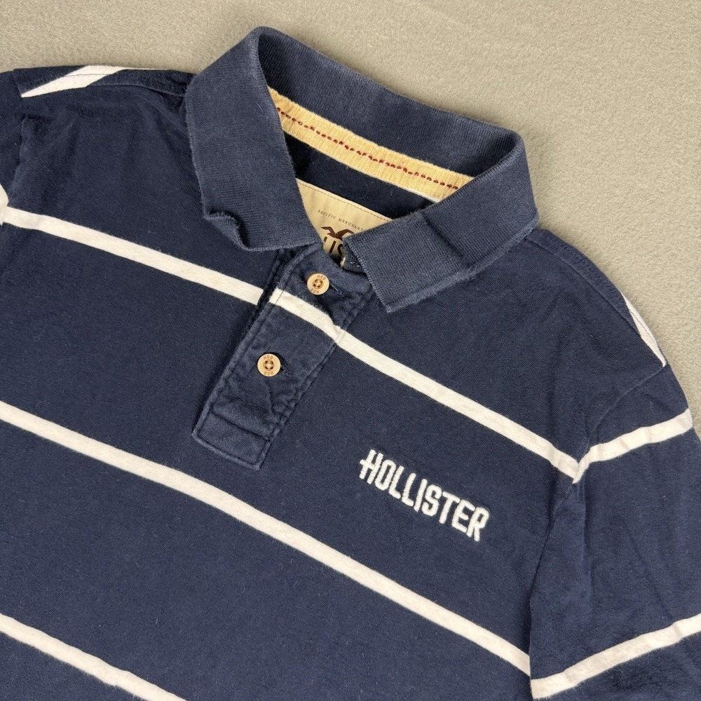Y2K HOLLISTER Mens XL Striped Polo Shirt Logo Navy White Slim Fit Mallcore